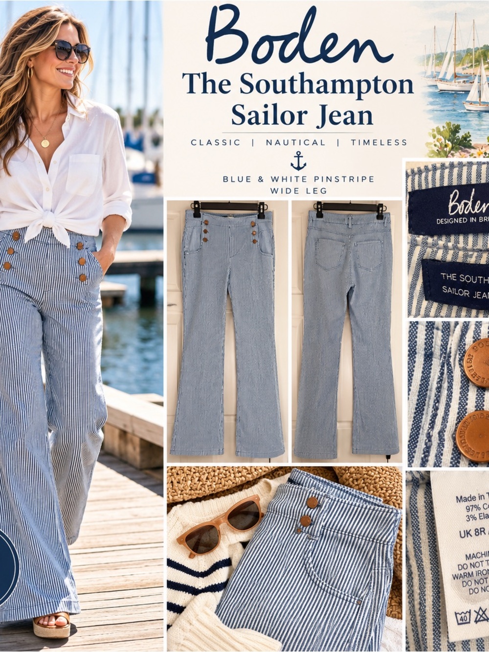 Boden Southampton Sailor Jeans US 4R Blue White Pinstripe Wide Leg Nautical